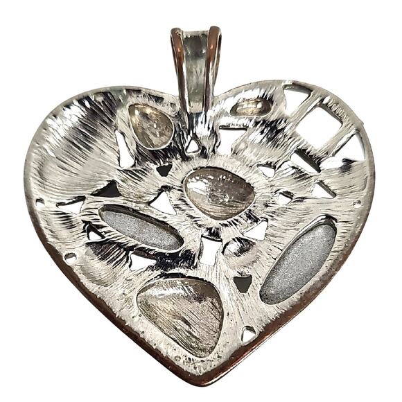 Beautiful Silverplate w/Black and Gold Striped Hammered Metal Heart Pendant 2" - Picture 2 of 5